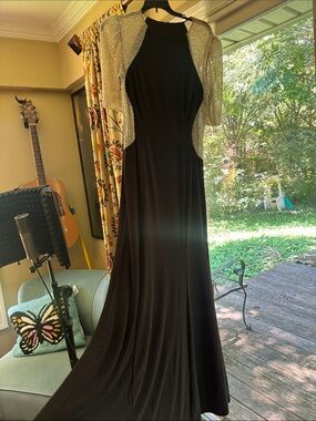 xscape dresses black and gold XSCAPE Black Short Dress With Gold Ombre Beading Size 4